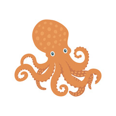 Octopus vector flat illustration, isolated on white background. Seas and oceans, underwater world. Sea creatures. Orange octopus, poulpe with eight tentacles illustration. Aquatic marine icon.