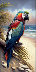 Oil painting art poster, generative Ai of tropical beach parrot	 - 577089170