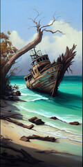 Oil painting , generative Ai of tropical beach shipwreck - 577089173