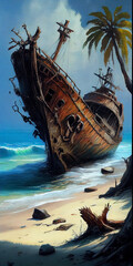 Oil painting , generative Ai of tropical beach shipwreck - 577089186