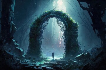 tunnel of light with leaves and a person in it and fog forest generative ai