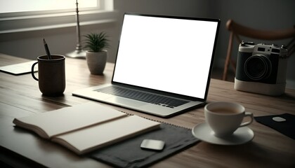 Workspace table with laptop computer mockup table. Close-up tabletop workspace. Generative AI.