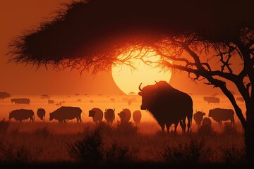 Buffaloes and wild cows in a plain, a tree, and a sunset. generative ai