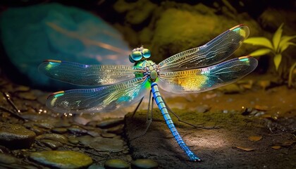  a dragonfly sitting on a rock in a pond with water droplets on it's wings and wings, with a green and blue background of rocks and leaves.  generative ai - obrazy, fototapety, plakaty