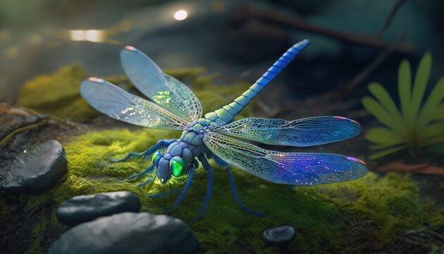  a blue dragonfly sitting on top of a green moss covered ground next to rocks and plants on a rock covered ground next to a pond.  generative ai