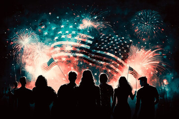 Fototapeta na wymiar People celebrating the 4th of July. Flags and fireworks. Generative AI