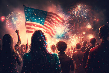 People celebrating the 4th of July. Flags and fireworks. Generative AI - obrazy, fototapety, plakaty