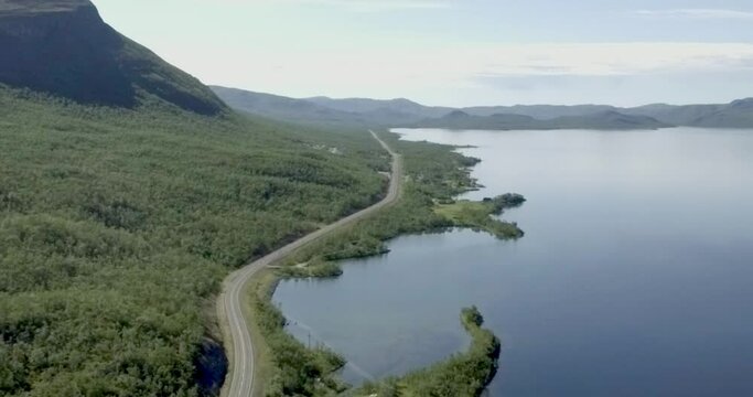 Aerial view at Kilpisj&auml;rvi, Lapland ,Finland and European route E8 that goes from Tromso, Norway to Turku, Finland in summer.