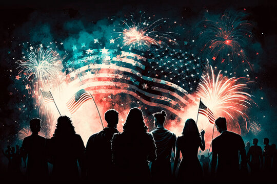 People celebrating the 4th of July. Flags and fireworks. Generative AI