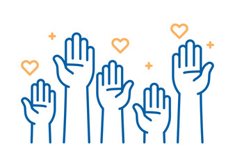 Volunteers and charity work. Raised helping hands. Vector icon background banner illustrations with a crowd of people ready and available to help and contribute. Positive foundation, business, service