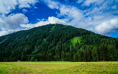 Fototapeta na wymiar Rural mountain landscape in Italy in the Dolomites. Amazing bright colorful spring and summer landscape. Green blooming fields, wooded mountains and blue sky with clouds. Natural landscape, Europe.