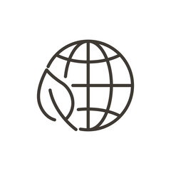 Planet earth with leaf icon. Vector thin line illustration of green earth nature care. World ecology, environment protection, global climate awareness