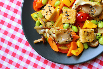 Plate of Colorful Vegetable Salad with Oyster Mushroom and Roasted Tempeh Cubes