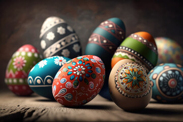 Easter eggs collection. Painted easter eggs on a table, selective focus, blurred background. Happy Easter wallpaper Easter background for greeting card, banners, invitation. Generative ai illustration