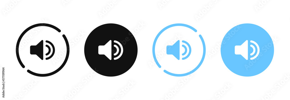 Fototapete Speaker and sound icon. Computer voice icon. Megaphone and music icon. Sound pictogram. Musical note. Audio sign. UI UX element. Sound button. Audio system, noise with soft UI, push button.