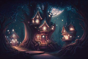 Fantasy houses in magic forest at night, Fairytale Tree Houses in Enchanted Forest at Night, Generative AI