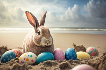 Easter bunny with easter eggs on the beach. Generative AI