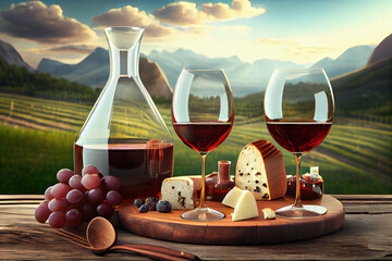 Fototapeta Red wines in bottle and glasses, ai generated obraz
