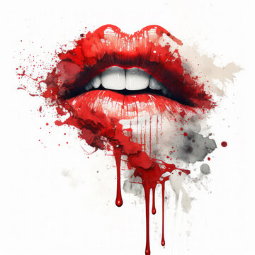 Watercolor pattern of open bright female red lips. Art picture with flows and strokes of paint. AI Generative Content