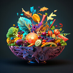 Colourful illustration of a fruit and vegetables salad bowl and dark background - Generative AI