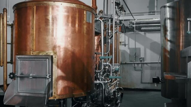copper tank for mashing wort in brewery, brewing process in craft beer plant