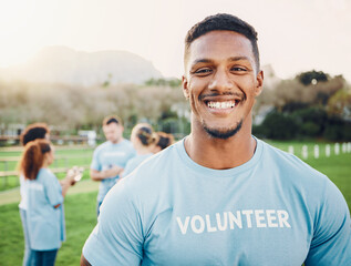 Man in portrait, volunteer and smile with eco friendly help, environment and sustainability, green and waste management. Cleaning, charity and team leader with happiness and community service