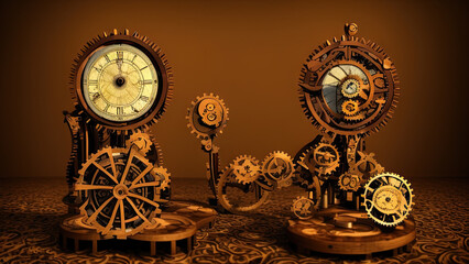 Easter Eggs creative concept applied art, the old bizarre clocks collectibles, and group of collage cogs setting up on the table as steampunk style, chiaroscuro light. AI generative.