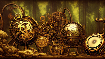 Easter Eggs creative concept applied art, the old bizarre easter eggs collectibles with copper alloy cogs collage, setting up on table as steampunk style, chiaroscuro light. AI generative.