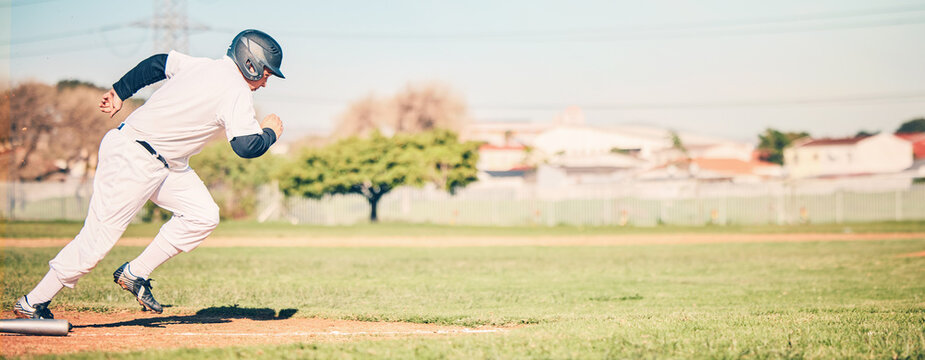 Baseball, sports and fitness fast run of a sport player running on outdoor field in a game. Training, workout and exercise of a young athlete with focus and freedom from runner speed in the sun