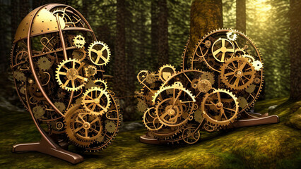 Easter Eggs creative concept applied art, the old bizarre metal easter eggs collectibles, setting up on moss forest floor as steampunk style, chiaroscuro light. AI generative.
