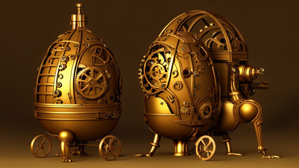 Easter Eggs creative concept applied art, the two old bizarre easter eggs collectibles with copper, alloy cogs collage, setting up on table as steampunk style, chiaroscuro light. AI generative.