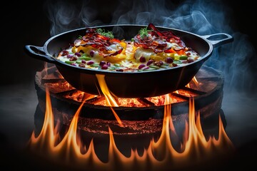 Sizzling breakfast skillet with bacon and molten cheese
Generative AI.