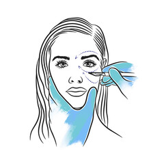 Plastic surgery, cosmetology, portrait of a girl with markup for beauty injections, gloved hands