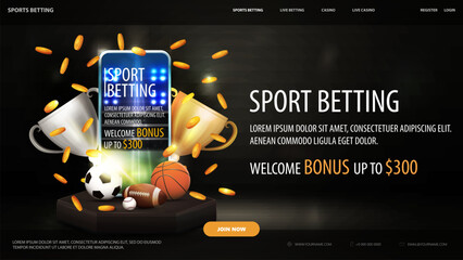 Sports betting, black banner with black hexagon podium, smartphone, champion cups, falling coins and sport balls in dark scene