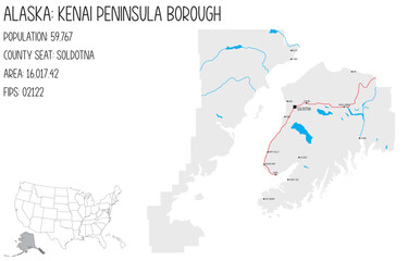 Large and detailed map of Kenai Peninsula Borough in Alaska, USA. - obrazy, fototapety, plakaty