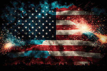 4th of July Celebration. U.S. flag and fireworks. Generative AI