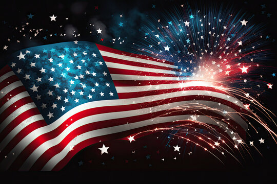 4th of July Celebration. U.S. flag and fireworks. Generative AI