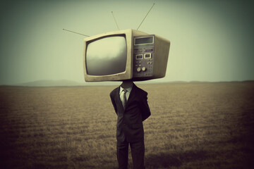 Businessman with a TV instead of his head, symbolizing the idea of media control and TV addiction. Ai generated