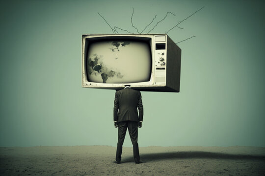 Businessman with a TV instead of his head, symbolizing the idea of media control and TV addiction. Ai generated