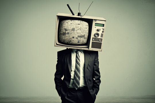 Businessman with a TV instead of his head, symbolizing the idea of media control and TV addiction. Ai generated