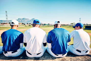 Baseball team, sport athlete communication and men fitness sitting to relax before softball game....