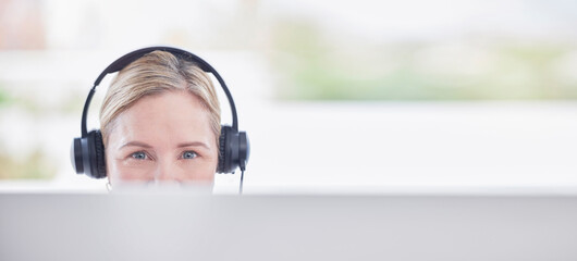 Call center portrait, woman on computer, consultant or agent in customer support, virtual...