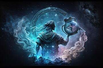 Aquarius zodiac sign against nebula background. Generative AI - obrazy, fototapety, plakaty