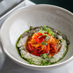 Marinated Roasted Peppers with Truffle Ricotta and Anchovy Oil, Vegetable Salad