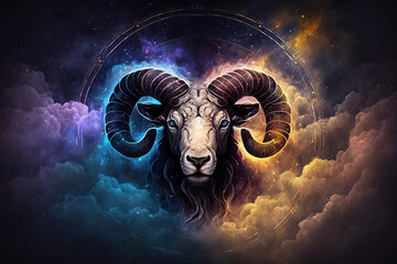 Aries zodiac sign against nebula background. Generative AI