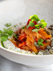 Marinated Roasted Peppers with Truffle Ricotta and Anchovy Oil, Vegetable Salad