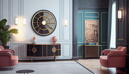 Interior of luxury home, art deco modern trendy living room, ai illustration