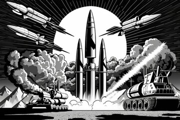 Heavy Artillery and Balistic Rockets. Firing nuclear missiles at the stunning backdrop of the sky. Definition of the idea of war. Generative AI
