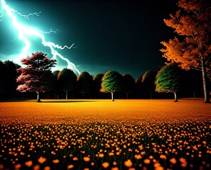 field with lightning strike in the background