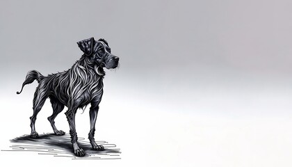 Illustration of a cute black and white dog paint flow art, isolated simple design background with copy space, generative AI